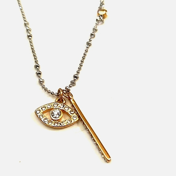 EXPRESS TWO-TONED BALL CHAIN CRYSTAL EVIL EYE AND BAR 16" NECKLACE - Picture 5 of 10